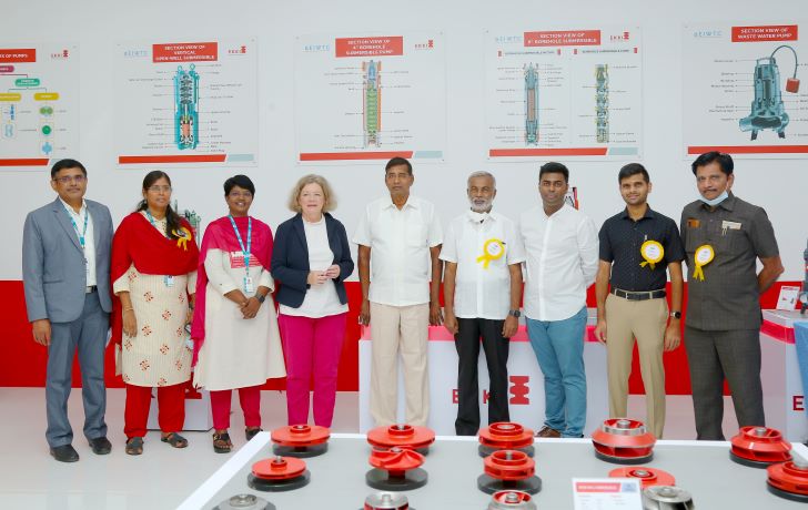 Left to right: Dr V Kumar Chinniyan, Professor and Head of the Department of Electrical and Electronics Engineering (EEE), KPRIET; B Lalitha, Professor, EEE Dept, KPRIET; Dr M Akila, Principal, KPRIET; Karin Stoll, German Consul General, Dr KP Ramaswamy, chairman, KPR Group; P Arumugam, chief executive, EKKI Pumps;  Kanishka Arumugam, co-CEO, EKKI Pumps; TN Arun, executive director, KPR Group, and Dr AM Natarajan, chief executive, KPRIET at the opening.