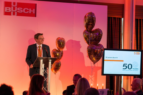 Sami Busch speaking at the Busch (UK) Limited 50th anniversary dinner at the Crewe Hall Hotel this July.