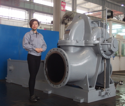 One of the new model double suction centrifugal pumps at Ebara Machinery Zibo’s factory in Zibo City, Shandong Province, China, before shipping.