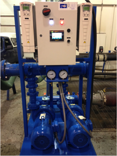 A typical skid mounted booster pump installation from Plad Equipment, with dual pumps and a custom made control panel based on a combination of ABB drives and PLC