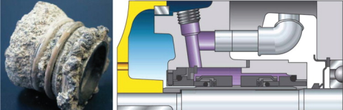 This shows a standard bellows seal after operation in a zinc phosphate solution, and double seal arrangement in back-to-back configuration.