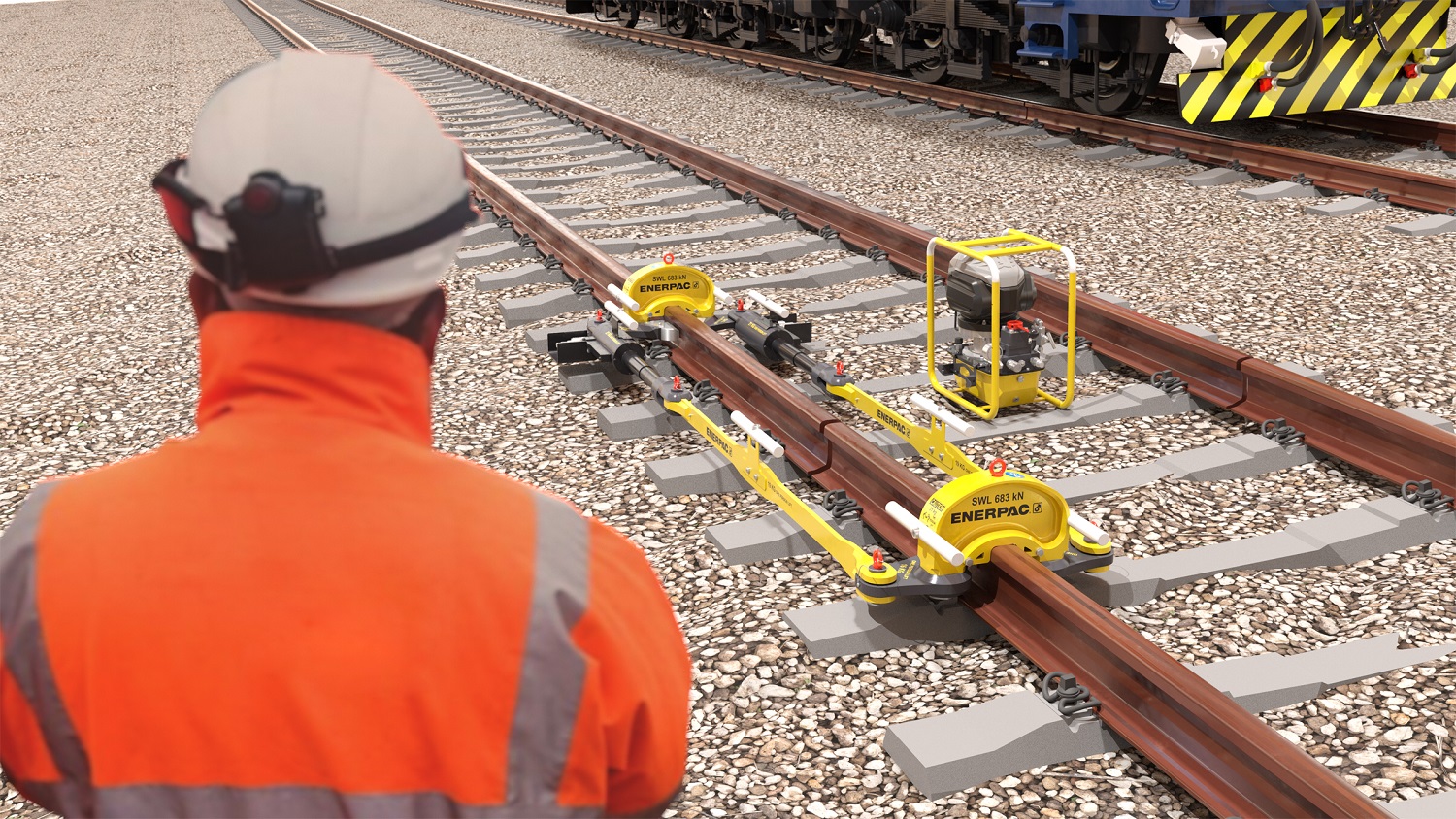 The Enerpac RP-70A hydraulic rail stressor and ZC3-Series battery powered stressing pump provide a cordless, zero emission, rail stressor kit for rail track thermite welding.