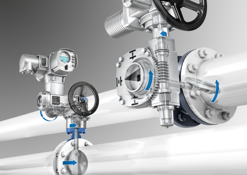 Automation of butterfly valves – on the left with direct mounted actuator, on the right with an actuator-gearbox combination.