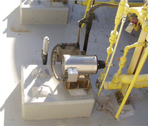 Figure 2. Current installation with all three magnetically coupled external gear pumps replacing the original diaphragm type pumps in the 12.5% sodium hypochlorite installation.