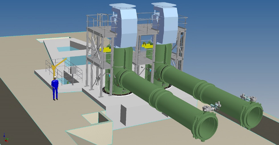 Installation of the CWP pump at Bouchain power plant. Initial design concept and completed project.