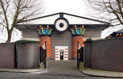 John Outram’s colourful post-modern pumping station on London’s Isle of Dogs is now Grade II listed. (Image © Historic England/James O. Davies.)