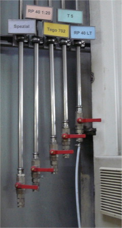 Figure 3. Valves to the five stainless steel circular manifolds used for different cold-end coating mixtures. During coating agent changeover, only the requested line has to be connected, reducing downtime.