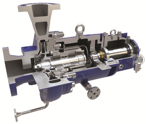 A cut out of Ruhrpumpen's SCE-M magnetic drive system and axial thrust balancing pump.