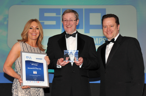 Ken Winn, operations director of SPP, accepts the award for ‘Manufacturer of the Year’. PIA host, Helen Prospero, is on the left and category sponsor Jonathan Wilkinson, CEO of AESSEAL plc, is on the right.