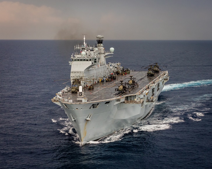 The amphibious assault ship, formerly the UK’s helicopter carrier and the fleet flagship the Royal Navy HMS Ocean is seen in the Mediterranean. (Image: MoD/Crown copyright 2016.)