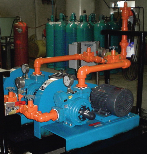 A Blackmer LGLD3E V-Belt sliding vane pump. Pumps like these delivered 21,614,160 lbs of ammonia to a chemical plant over six weeks of continuous operation