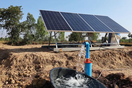 Groundwater is pumped with a submersible pump from  solar energy converted to electric energy on an agricultural farm