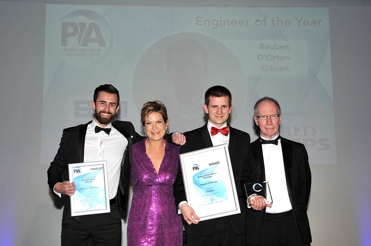 Left to right: finalist Cameron Gaunt, presenter Penny Smith, winner Reuben d’Orten-Gibson and editor of World Pumps, Alan Burrows.