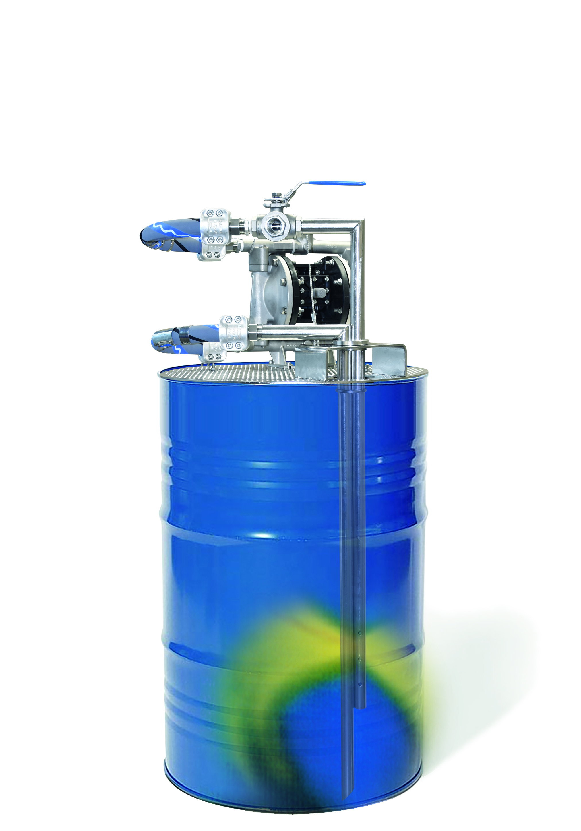 The mixing and pumping process is made via a suction and mixing tube and a 3-way ball valve.