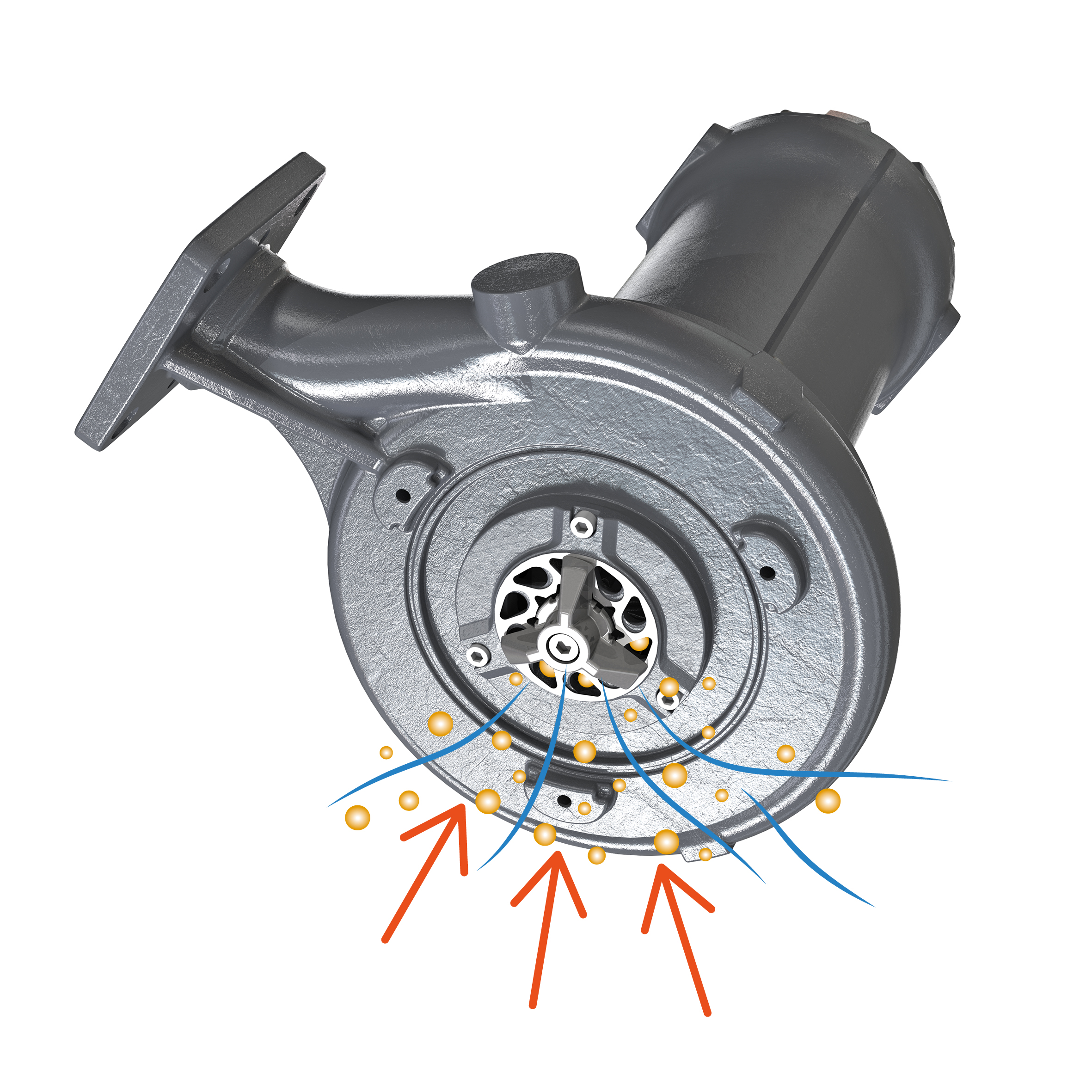 The rotation of the impeller creates a vacuum which draws the liquid towards the suction port of the pump through the holes in the plate of the shredding system.