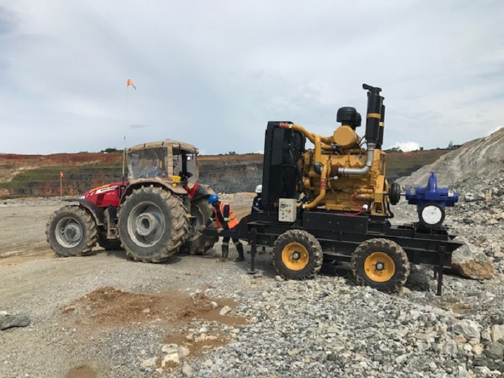 Figure 3. KSB pit dewatering CAT C32 diesel driven Omega 200-670A pumps including the trailer.