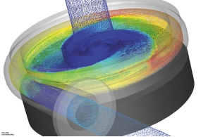 Figure 2. A view of internal flow patterns of Cornell’s centrifugal pump, modelled with CFdesign and its Motion Module. This highlights the pressure of the liquid as well as the flow pattern.
