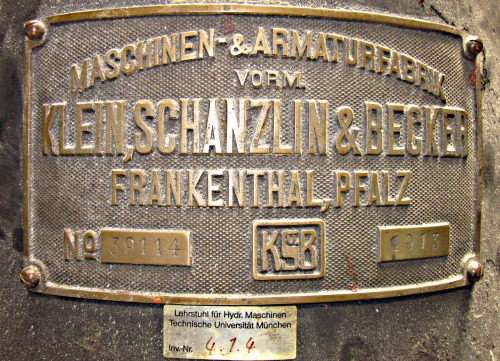 The name plate of one of the three KSB pumps from TU Munich’s hydraulic institute (© KSB AG, Frankenthal, Germany).