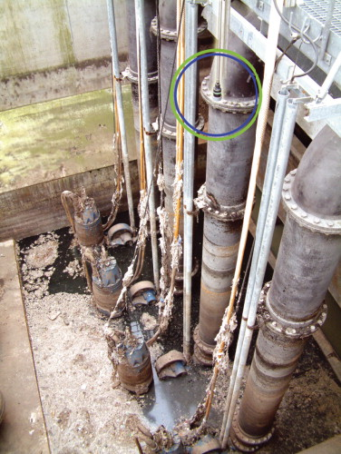 Figure 2. Large pumps shown in the inlet side of a sewage treatment works – they are controlled by a single ultrasonic unit (transducer highlighted).