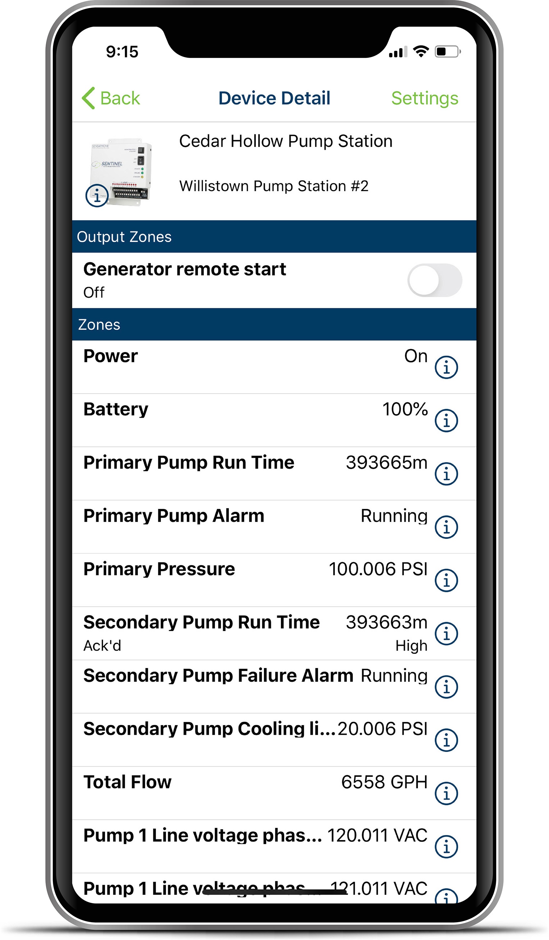 The system immediately notifies users when sensor readings move outside of pre-set parameters, which can indicate potential threats to pumps and systems.