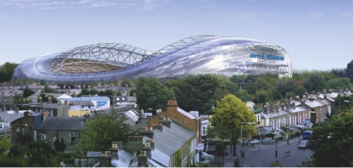 Figure 1. Lansdowne Road is currently undergoing a EU€400 million re-development and is soon to become Aviva Stadium. It will be tagged ‘a stadium to be proud of’ and the international home of rugby and soccer in Ireland.