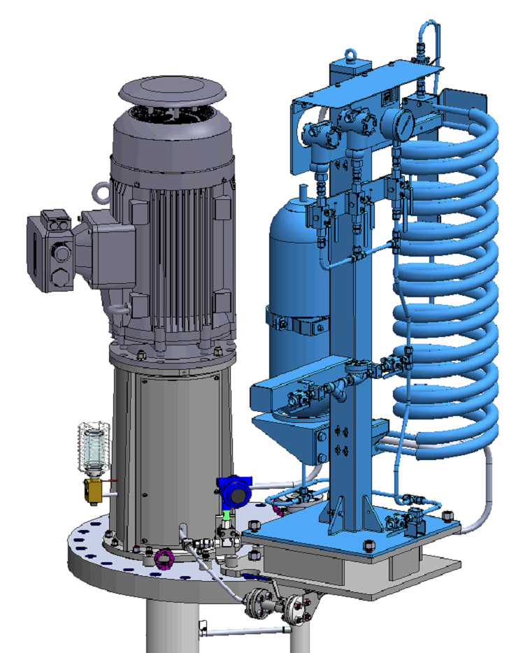 Computer generated render showing bespoke base plate design housing the API 610 VS4 pump and Plan 53B seal support system.