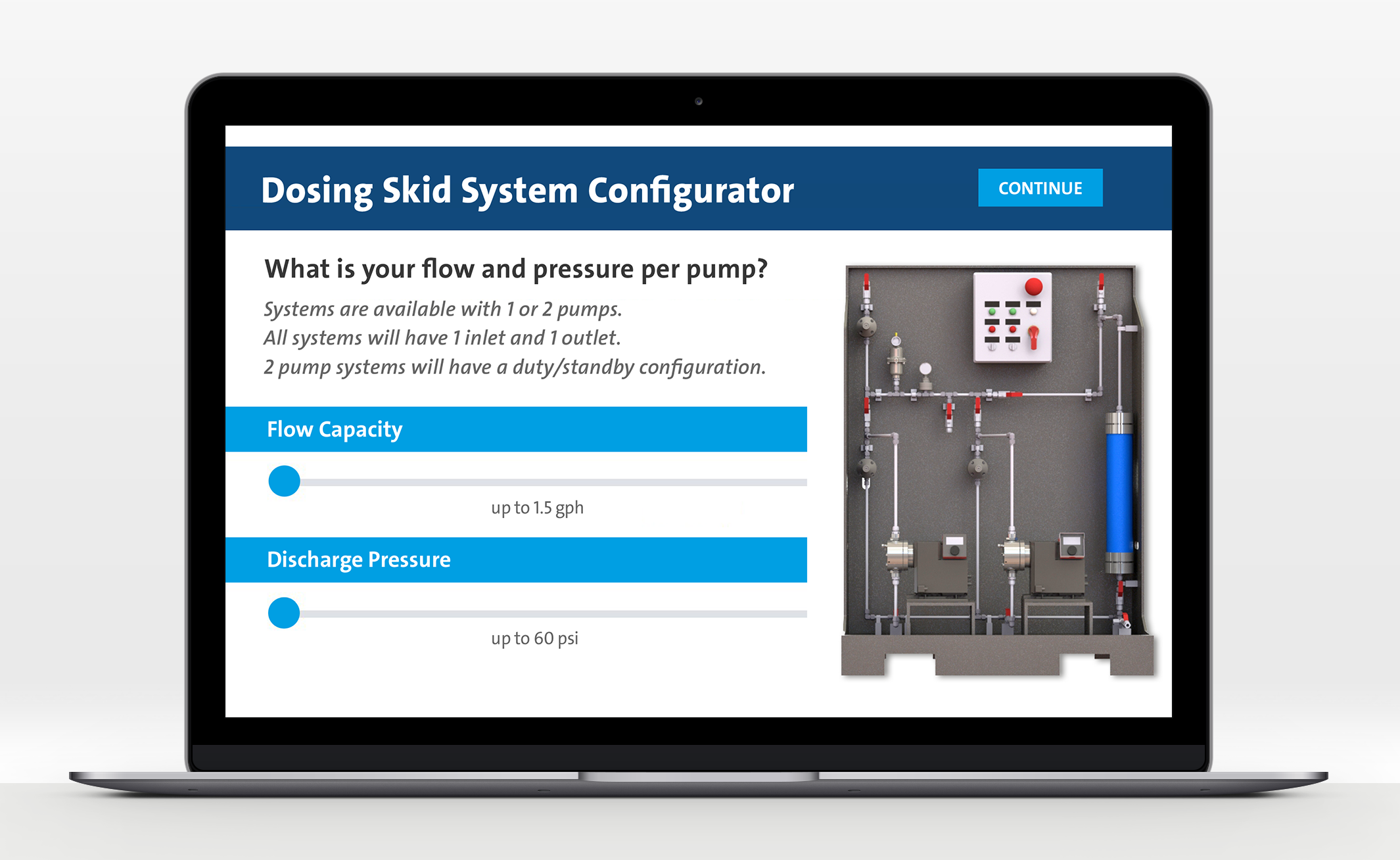 The Dosing Skid Configurator generates an interactive 3D model of a pre-engineered dosing skid system.