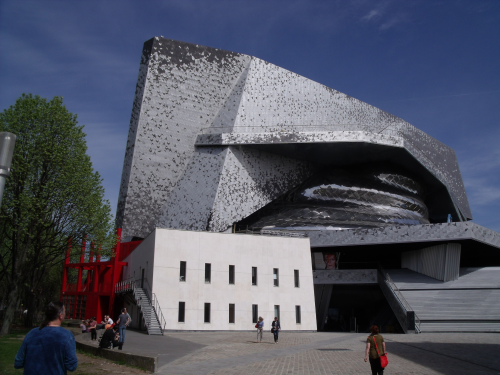 The Philharmonie de Paris viewed from the Pantin Gardens.