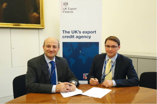 Louis Taylor, chief executive of UK Export Finance (UKEF) and Alastair White, deputy chairman, Biwater, at the development works loan signing event in London, UK.