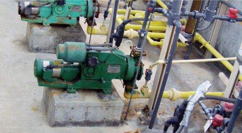 Figure 1. The original magnetically coupled external gear pump replacing a diaphragm type pump in the 12.5% sodium hypochlorite installation.