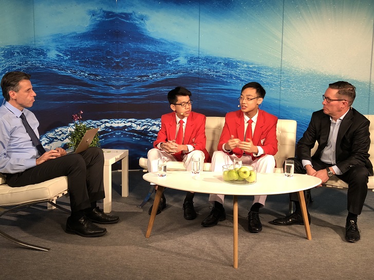 Eric Paglia (left), Stockholm International Water Institute, interviewing the Stockholm Junior Water Prize winners and Patrick Decker, president and CEO of Xylem Inc.