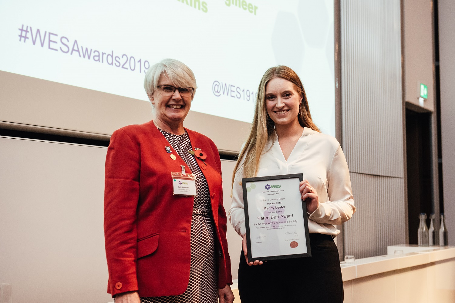 Sally Sudworth, Chair of the Judges (left), presenting the Karen Burt Memorial Award to Mandy Lester.