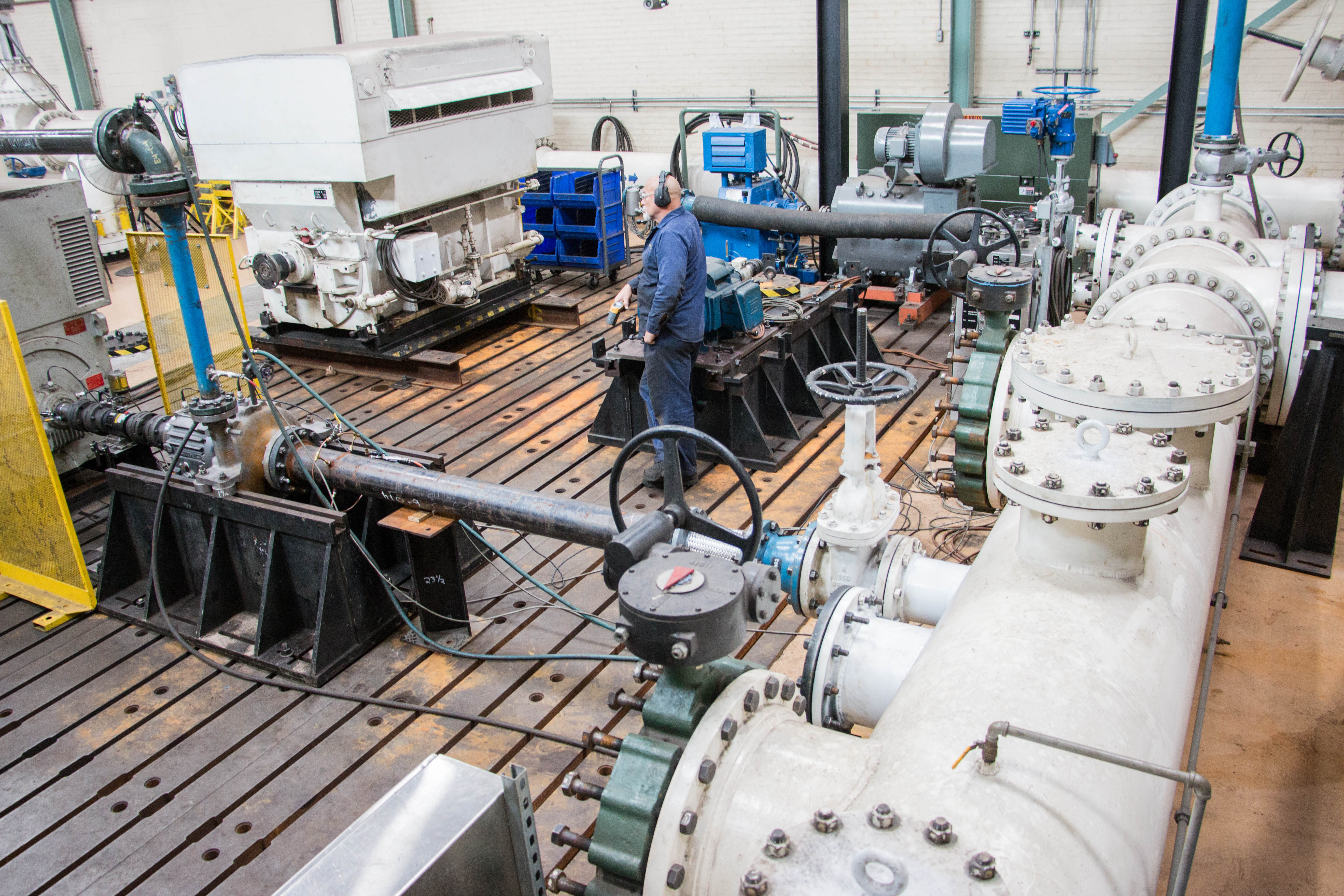 Hydro’s test setup piping with suction manifold (right).