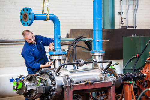 Setting up the pump at Hydro's Hydraulic Institute Certified Test Lab.