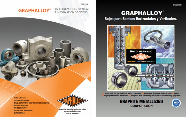The Spanish technical guide and pump brochure provide Spanish-speaking engineers and distributors with information on the Graphalloy bearing material.