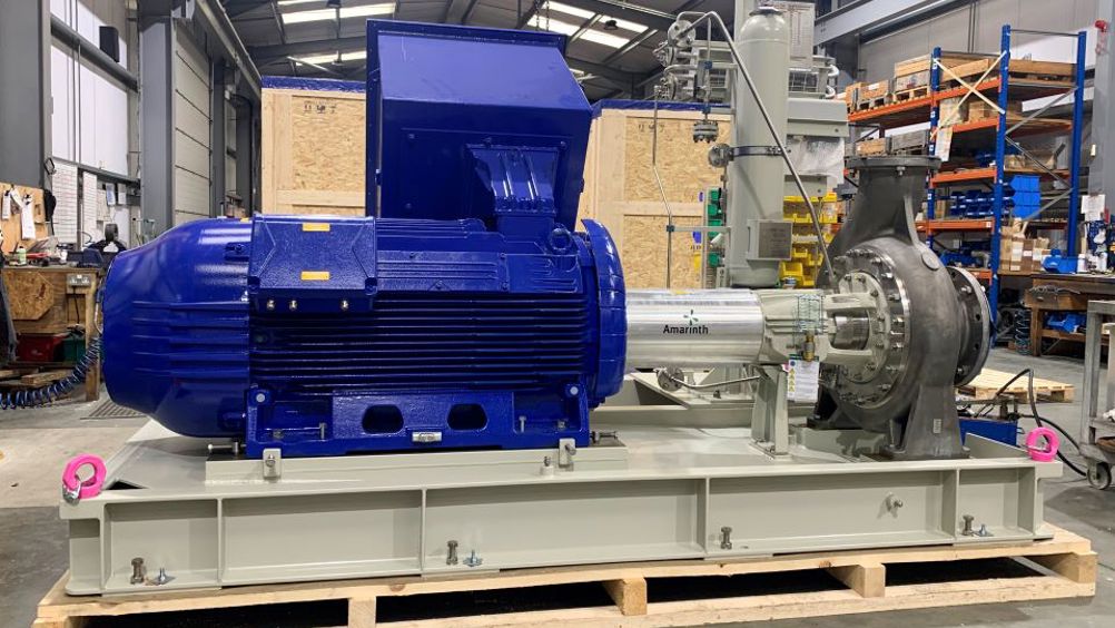 One of the Amarinth API 610 OH1 pumps with specialist Plan 53B seal support system prior to shipment to Cannon Artes.