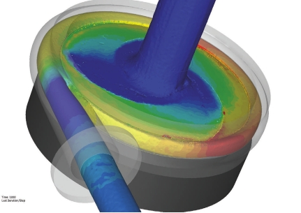 Figure 1. This shows pressure contours of the fluid inside the Cornell centrifugal pump, modelled using CFdesign and its Motion Module.