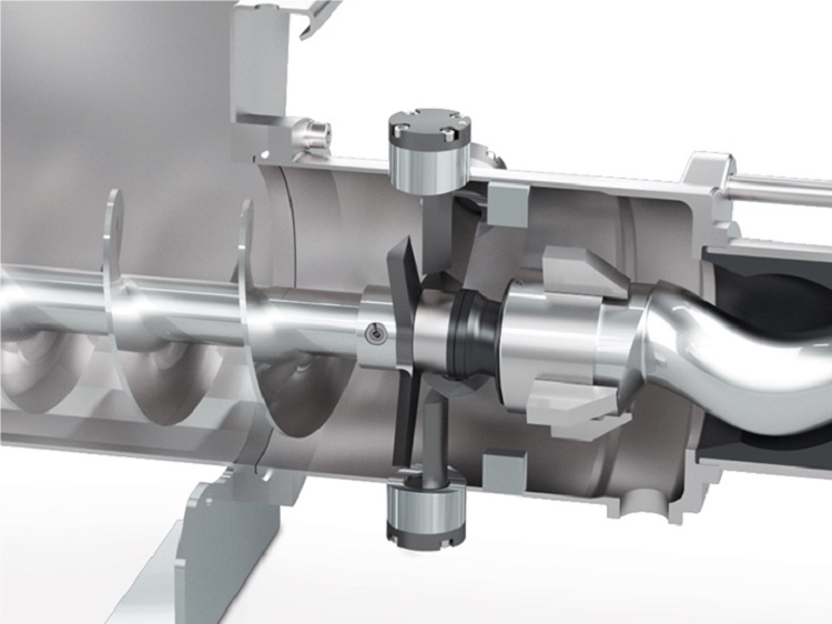 The NEMO BO/SO progressing cavity pump has a hopper and a coupling rod with feeding screw and force-feed chamber, which also houses the cutting unit.