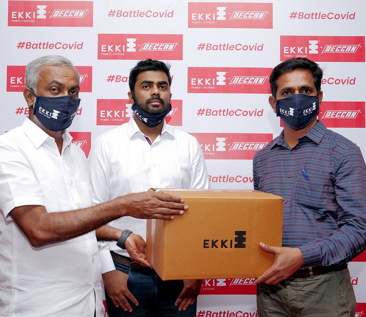 Left to right: P Arumugam, chief executive, EKKI and Deccan Pumps; Kanishka Arumugam, co-chief executive, EKKI and Deccan Pumps; and Mr Jagadeesh, dealer, EKKI and Deccan Pumps.