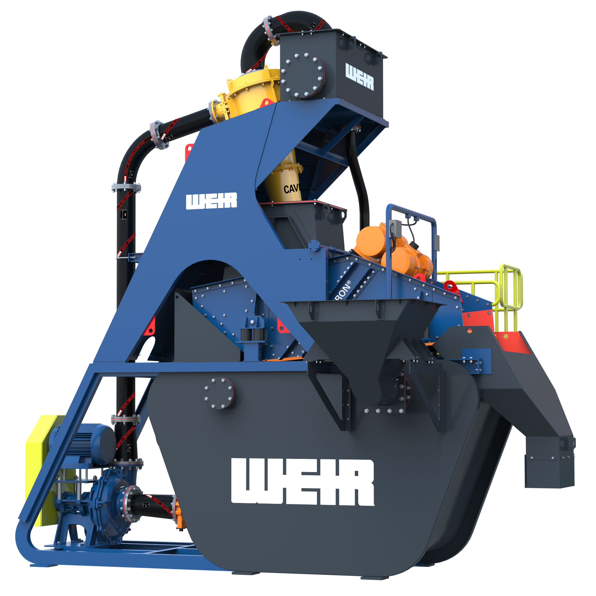 The plant features Warman WGR pumps, Cavex hydrocyclones, Enduron dewatering screens, Linatex hoses and Isogate knife gate valves.