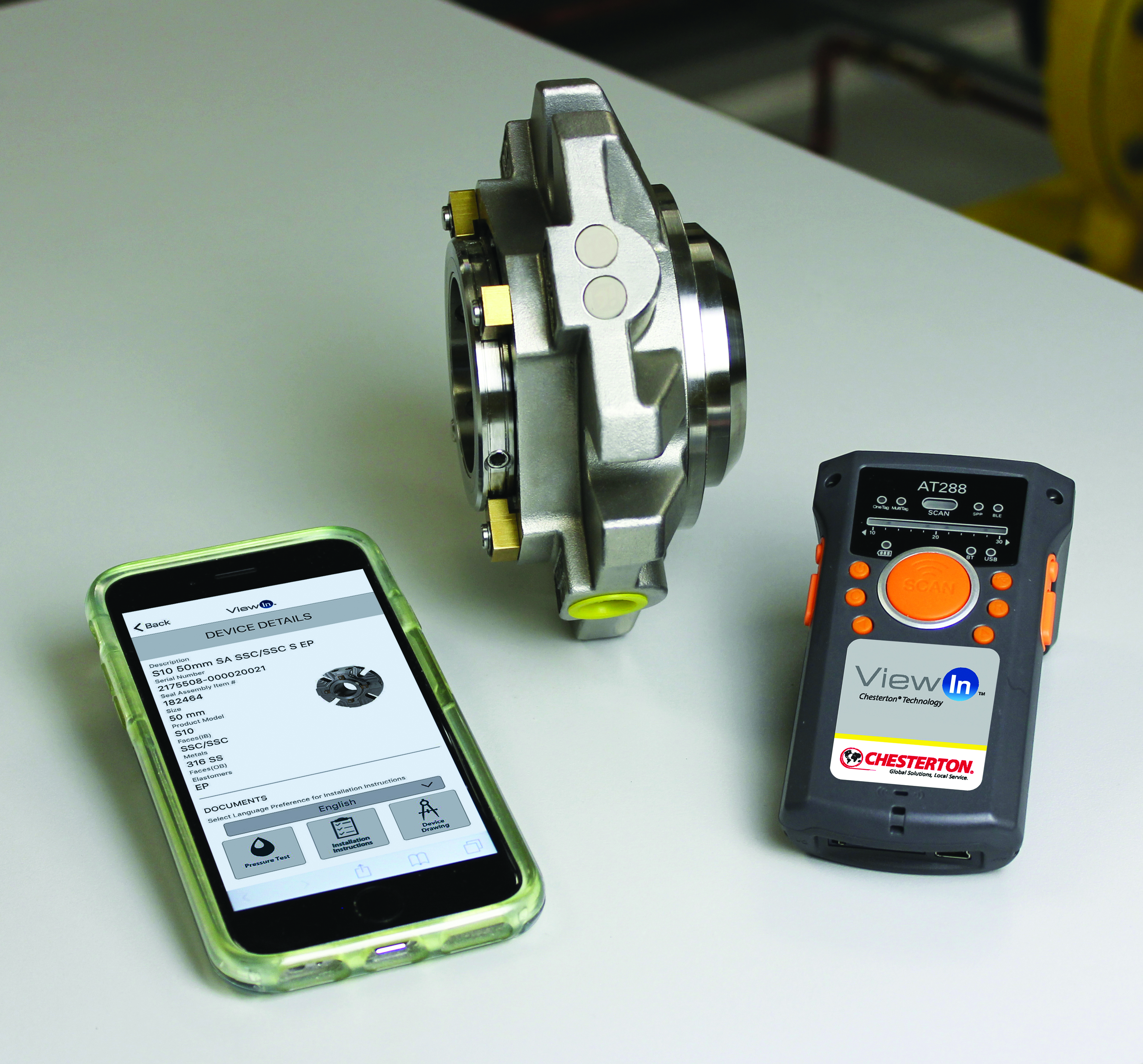 Each ViewIn-enabled Chesterton seal is equipped with Radio-frequency identification (RFID) tags that can be read using a Bluetooth-connected RFID reader.