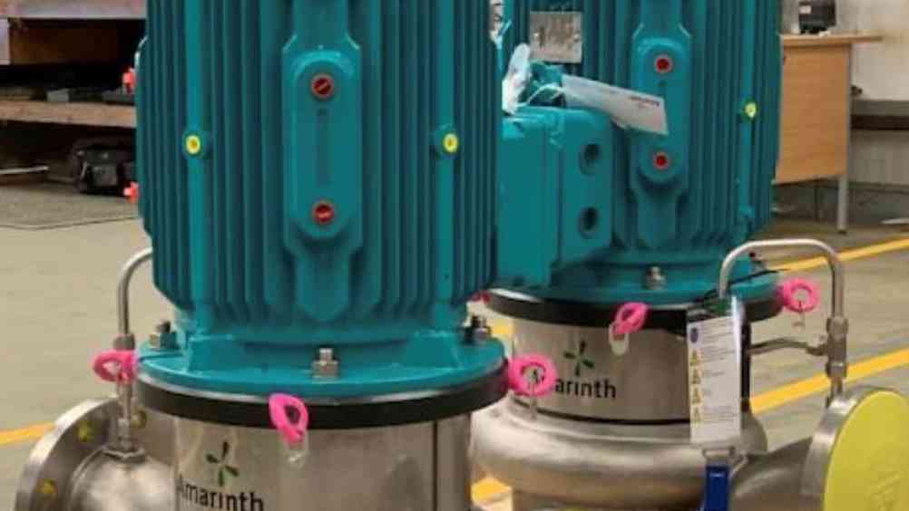 Amarinth vertical in-line pumps ready for shipment to EDF Sizewell B nuclear power station.