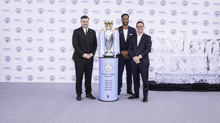 Pictured at the launch event at Singapore International Water Week (l-r): Damian Willoughby, Senior VP of Partnership at City Football Group, former Manchester City player Joleon Lescott, and Patrick Decker, president and CEO of Xylem Inc.