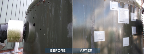 Before and after images of repairs on steel plate with Belzona cold plate bonding technology.
