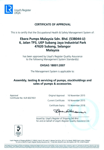 Ebara Pumps Malaysia's OHSAS 18001 certification.