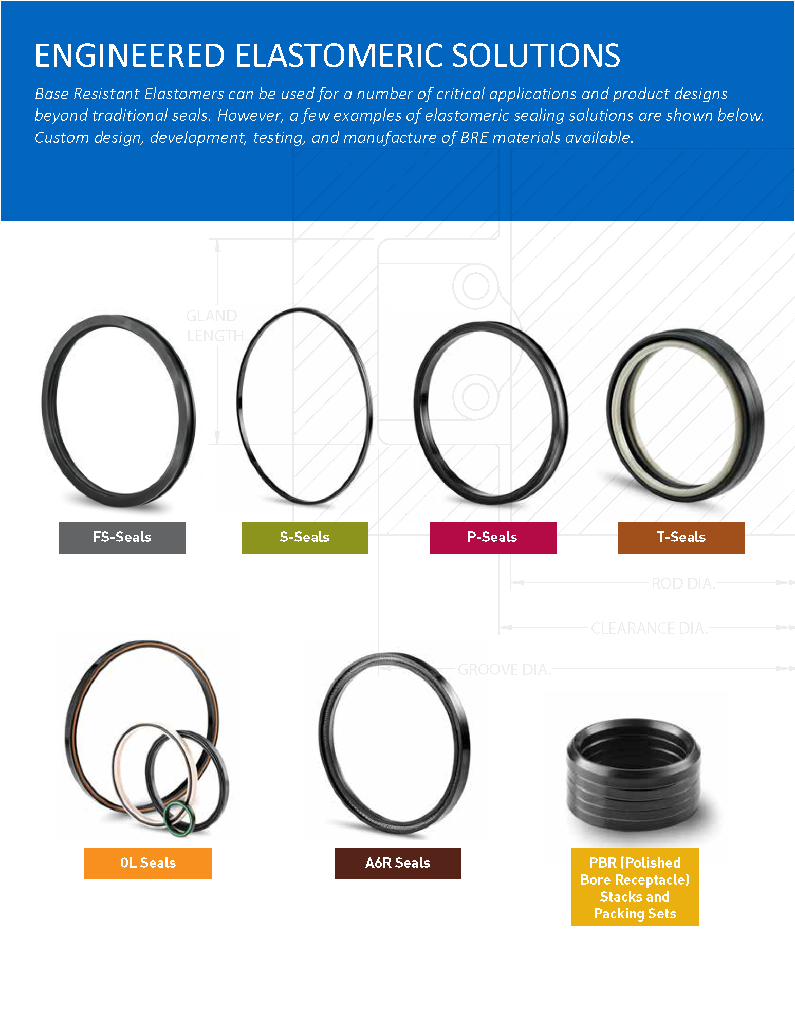 Applications for BREs include bonded seals requiring excellent bond strength in extreme environments, in S-seals, T-Seals, or V-rings.