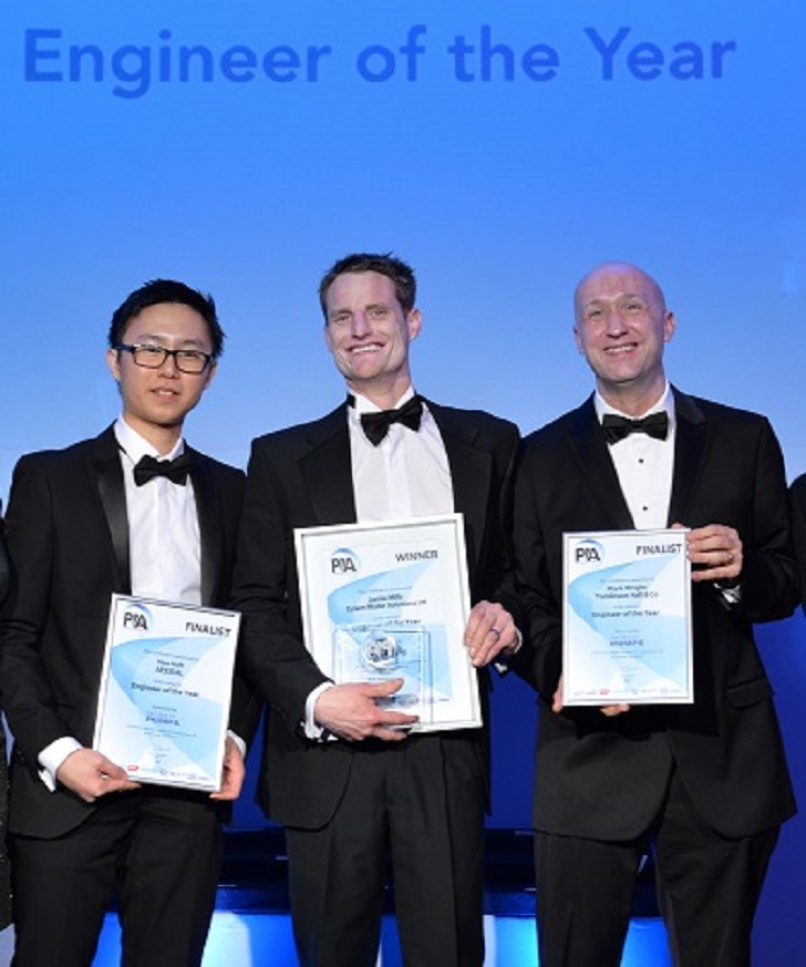 Winner of the PIA 2017 ‘Engineer of the Year’ award Jamie Mills, Xylem Water Solutions (centre), celebrates his achievement with finalists Kao Koh, AESSEAL (left) and Mark Wright, Tomlinson Hall (right).